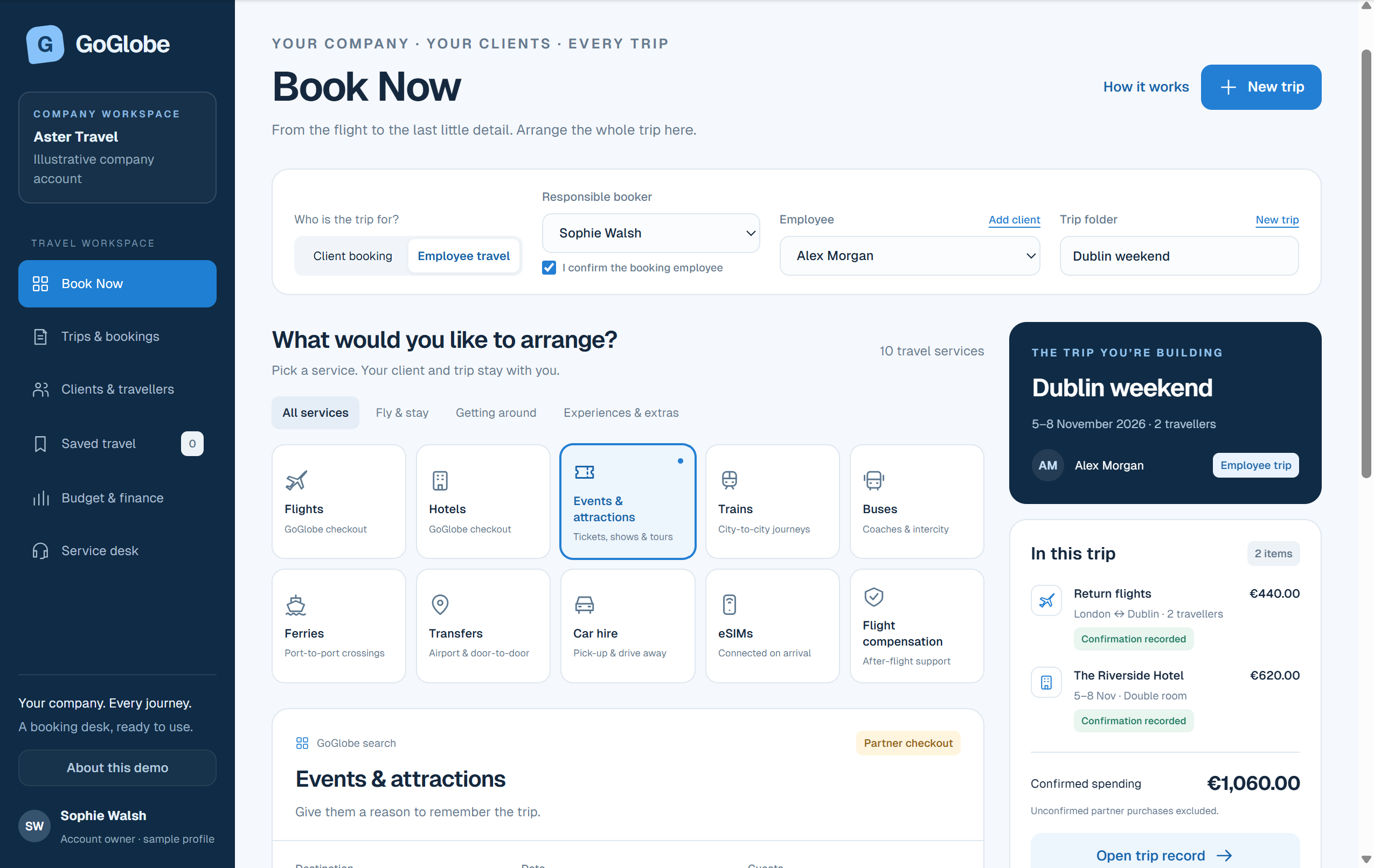 GoGlobe Travel Workspace showing a company booking flights, hotels and other travel services